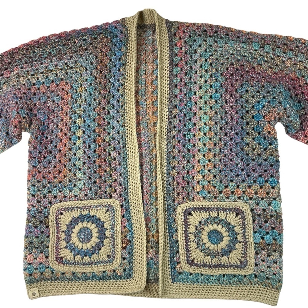 Handcrafted Crochet Hexagon Cardigan Sweater Open Front Wide Sleeve 2 Pockets - Picture 8 of 16